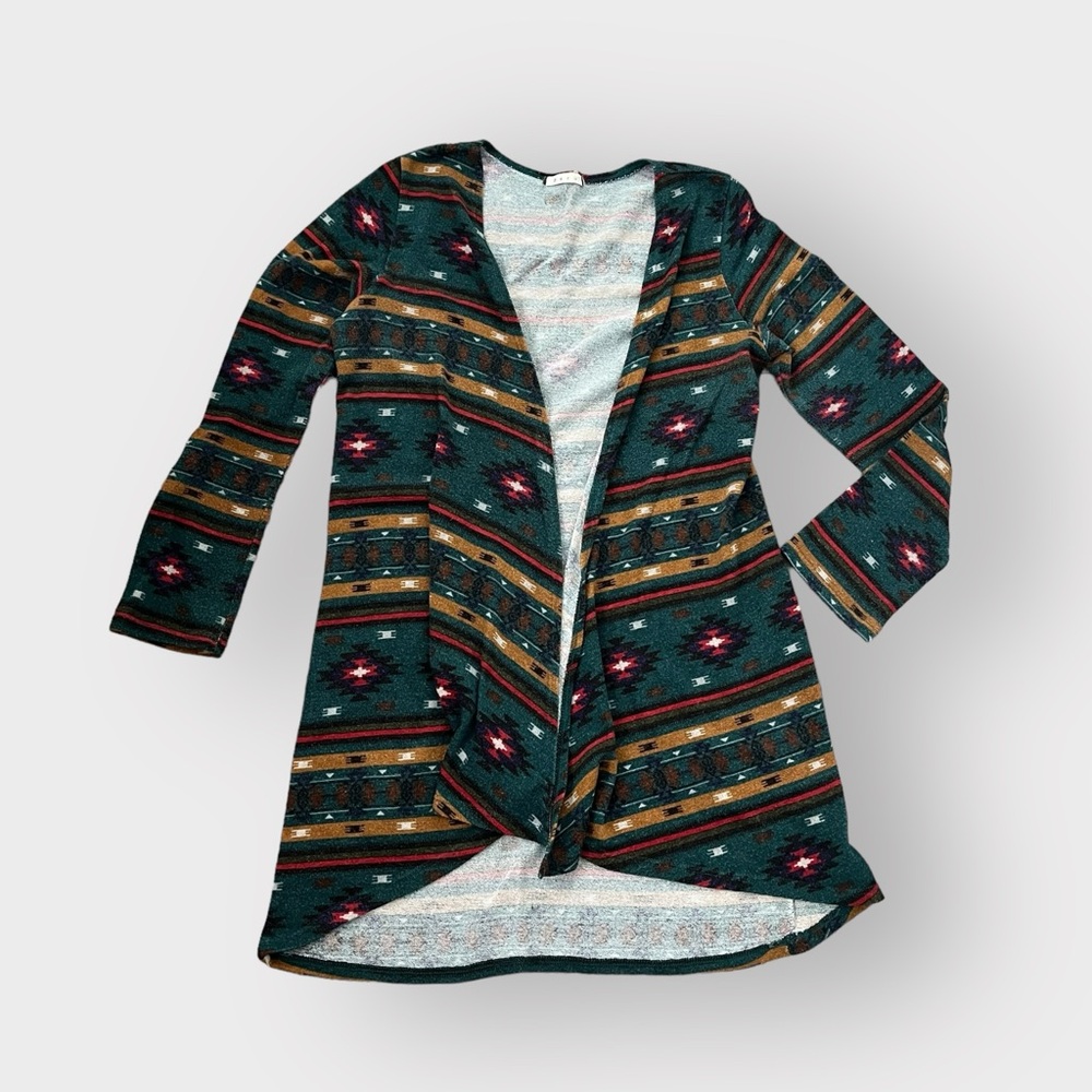 Maru Dark Green Western Boho Waterfall Long Sleeve Cardigan